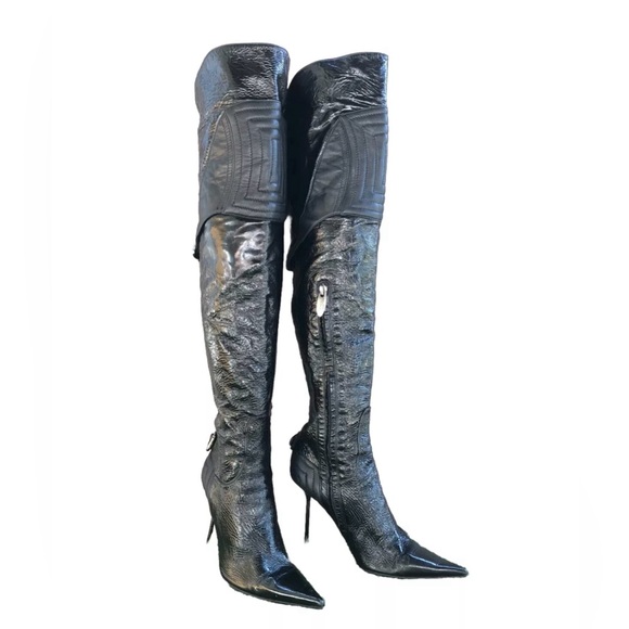 Loriblu Italy Over the Knee Moto Leather Crinkly Patent Zip Red Bottom Boots 37 - Picture 1 of 16